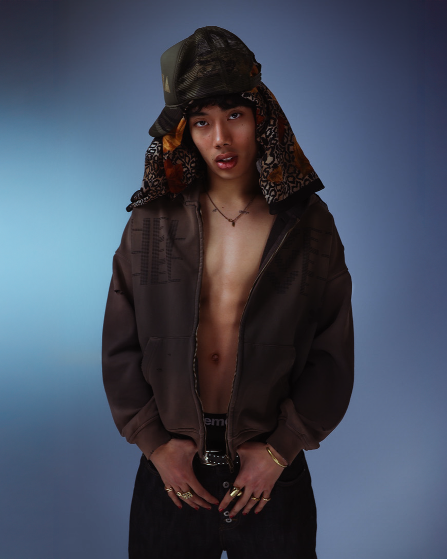 "DUSK" ZIP UP closeup model view, Helvet Newyork.