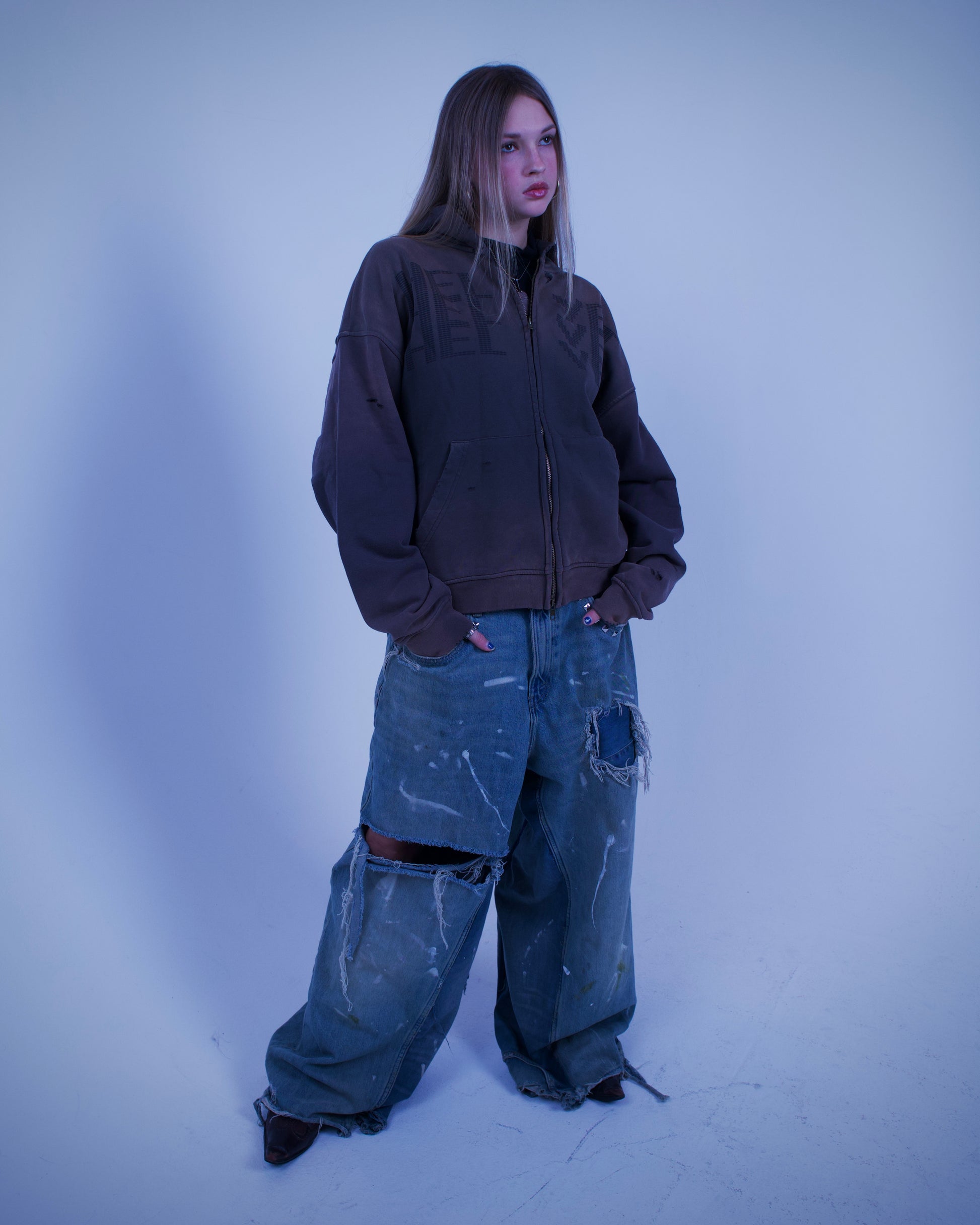 "DUSK" ZIP UP full body view worn by girl model, Helvet Newyork.